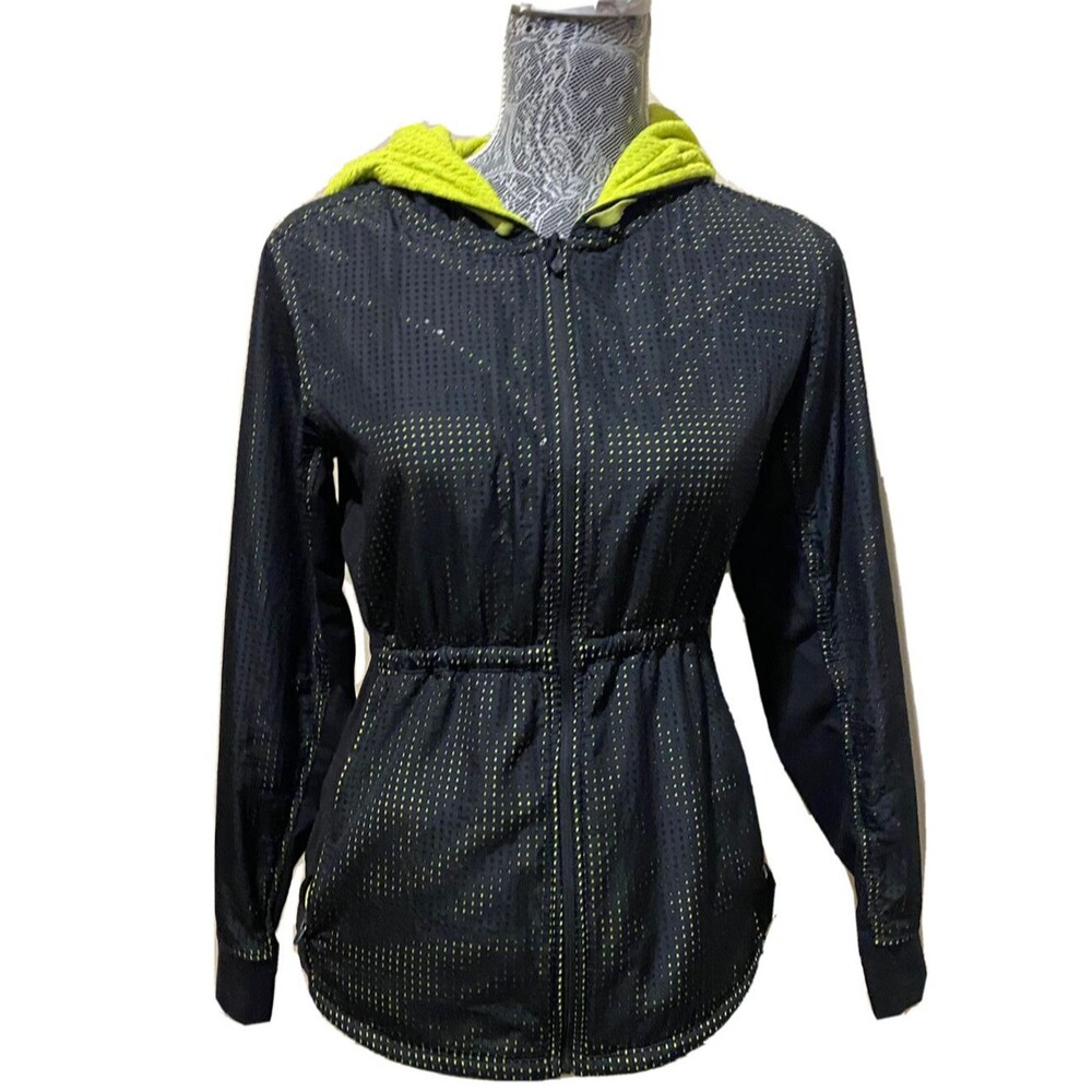 Asics Womens S Black Neon Hooded Running Jacket Full Zip Mesh Windbreaker Active